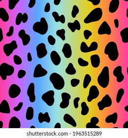 Rainbow leopard skin. Vector seamless pattern. Holographic colorful neon gradient  with cheetah dots. Abstract psychedelic animal background. Bright lgbt fashion design flag.