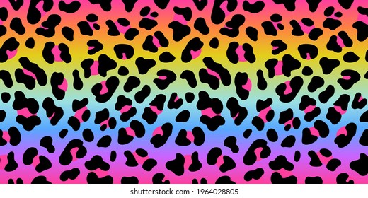 Rainbow leopard skin. Vector seamless pattern. Holographic colorful neon gradient  with cheetah dots. Abstract psychedelic animal background. Bright lgbt fashion design flag.