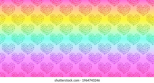 Rainbow leopard skin. Vector seamless hearts pattern. Holographic neon gradient  with cheetah dots. Abstract psychedelic animal background. Bright lgbt fashion design flag.