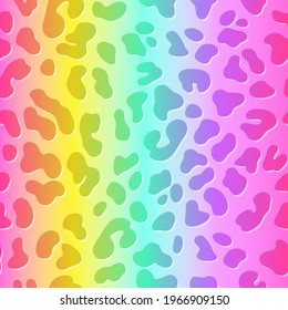 Rainbow leopard skin. Vector seamless pattern. Holographic colorful neon gradient  with cheetah dots. Abstract psychedelic animal background. Bright lgbt fashion design flag.