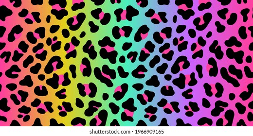 Rainbow leopard skin. Vector seamless pattern. Holographic colorful neon gradient  with cheetah dots. Abstract psychedelic animal background. Bright lgbt fashion design flag.