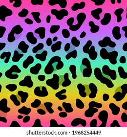 Rainbow leopard skin. Vector seamless pattern. Holographic colorful neon gradient  with cheetah dots. Abstract psychedelic animal background. Bright lgbt fashion design flag.