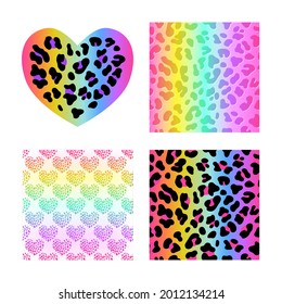 Rainbow leopard skin. Vector seamless pattern. Holographic neon colorful gradient  with cheetah dots. Abstract psychedelic animal background. Bright lgbt fashion design flag.