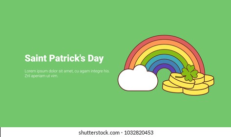 Rainbow With Leprechaun Gold On Saint Patricks Day Template Background With Copy Space Vector Illustration