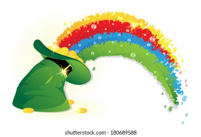 Rainbow and  Leprechaun hat with gold coins  on white background. St. Patrick's Day symbol