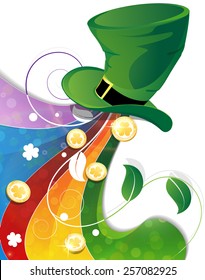 Rainbow and  Leprechaun hat with gold coins  on white background. St. Patrick's Day background