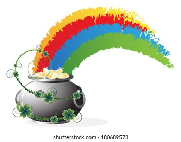  Rainbow and Leprechaun  pot with gold coins on white background. St. Patrick's Day abstract symbol