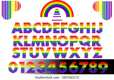 Rainbow letters, numbers and hearts. A gay font alphabet made up of parallel colored elements.