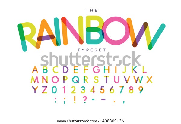 虹の文字 と数字セット 祭り風のベクターラテン語アルファベット イベント 誕生日 子どものプロモーション お祭りのロゴ バナー モノグラム ポスターのフォント 活字体 デザイン のベクター画像素材 ロイヤリティフリー