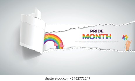 Rainbow lgbt and celebrate pride month in torn paper concept vector flat illustration. LGBTQ support social media banner or post template, greeting card or party invitation.