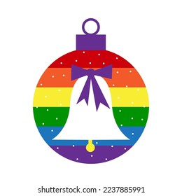 Rainbow LGBT christmas ball bauble decoration with bell, bow and snow