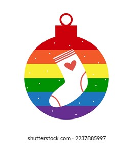 Rainbow LGBT christmas ball bauble decoration with stocking for gifts with heart and snow