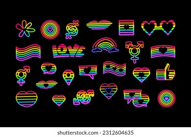 Rainbow LGBT Kollektion mit neonfarbenen, hellen Nadelstiften auf dunkelschwarzem Hintergrund. LGBT Party Icon Set für das Design der Karte oder Einladung. Illuminiertes Vektorsymbol einzeln auf schwarzem Hintergrund