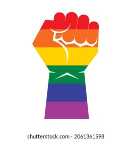 Rainbow LGBT colored hand raised fist icon vector. Rainbow hand with clenched fist icon vector. LGBTQ design element isolated on a white background
