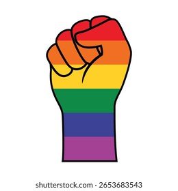 Arco-íris LGBT colorido mão levantado punho vetor ilustração. Mão de arco-íris com o ícone do punho cerrado isolado em um fundo branco. Símbolo do Mês do Orgulho LGBTQIA. Elemento de primeira mão da bandeira do orgulho