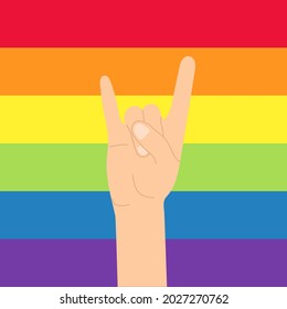 Rainbow lgbt colored raised up hand rock gesture vector illustration isolated. Gay pride. Gay, lesbian, bisexual people community rights. Concept of freedom of love, lgbtq community symbol