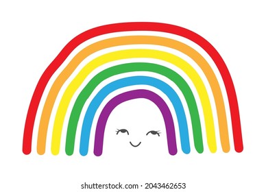 Rainbow in LGBT colors. Children's rainbow design with a cheerful face for a birthday poster, print, texture and creative design. Flat style.