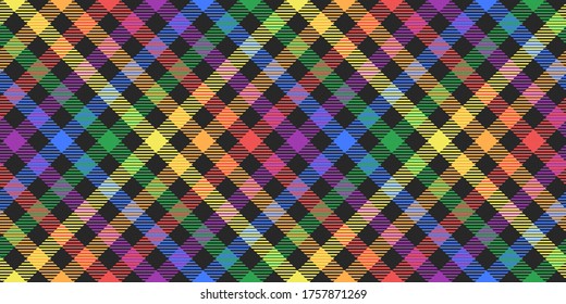 rainbow lgbt colors on black diagonal tartan style fabric texture seamless pattern editable vector illustration