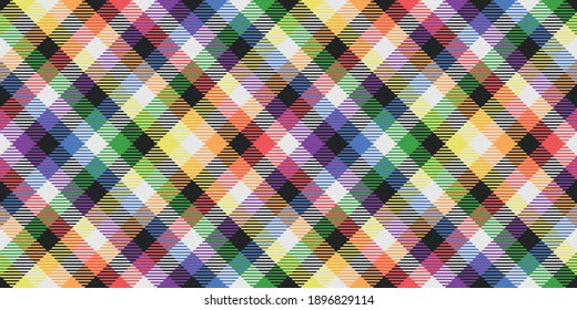 rainbow lgbt colors on black and white checkered diagonal tartan style fabric texture seamless pattern editable vector illustration