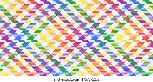 rainbow lgbt colors on white diagonal tartan style fabric texture repeatable pattern editable vector illustration
