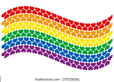 Rainbow LGBT flag with heart shapes. Wavy gay pride flag consisting of six horizontal stripes arranged one below the other. Isolated multi colored illustration on white background.