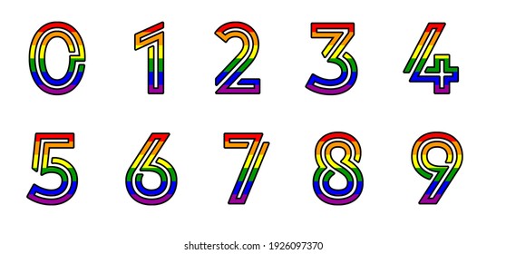 Rainbow LGBT flag numbers vector: zero 0, one 1, two 2, three 3, four 4, five 5, six 6, seven 7, eight 8, nine 9