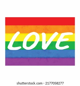 Rainbow LGBT flag with text LOVE isolated on white background. Symbol of love and equality for the LGBTQ community. Imitation of watercolor painting. Vector illustration. Clip art. Template.
