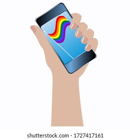 Rainbow LGBT Movement Pride Flag - Smartphone in Hand. Colorful Illustration - Vector. Gay Pride. LGBT concept.