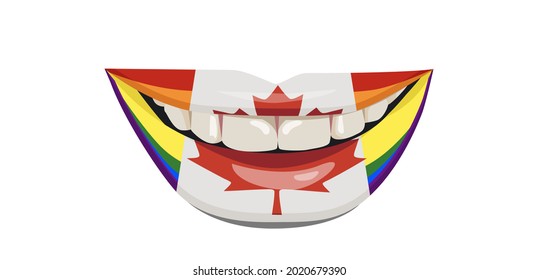 Rainbow LGBT Pride Flagge von Kanada auf den Lippen. Eine Frau lächelt mit weißen Zähnen. Vektorgrafik