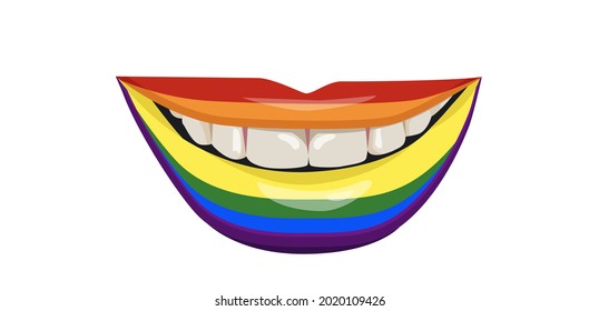 Rainbow LGBT Pride flag on the lips. A woman's smile with white teeth. Vector illustration.