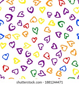 Rainbow lgbt seamless pattern with bright textured confetti hearts. Abstract multicolor modern background. Simple fancy illustration for fabric design, wallpaper, decorative paper, web, pride.
