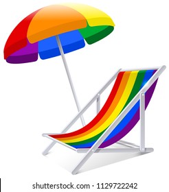 Rainbow lgbt umbrella and chair symbol summer beach vacation. Isolated on white vector illustration