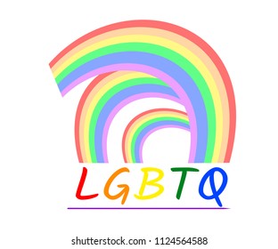 Rainbow LGBTQ text and swirl rainbow stripes, colors of LGBT pride flag, symbol of lesbian, gay, bisexual, transgender, and queer/questioning (LGBTQ). Vector illustration, EPS 10, isolated background.