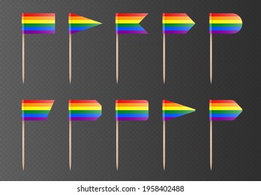 Rainbow LGBTQ toothpick flags isolated on a transparent background. Pride flag on a wooden stick.