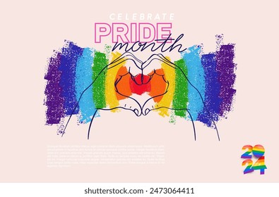 Rainbow lgbtq and transgender flag brush strokes celebrate pride month or day. 2024 LGBTQ support social media banner or poster template, greeting card on blue background. Vector flat illustration.