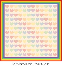 Rainbow LGBTQIA+ flag frame with colorful hearts in the background
