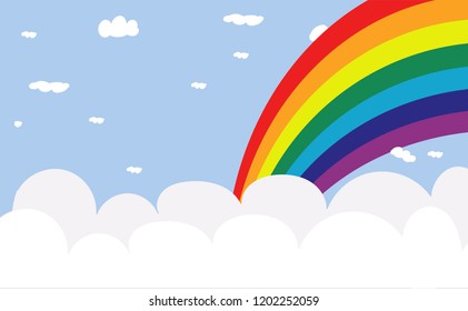 Rainbow in the light blue sky. Many cloudy weather in summer time, flat design. LGBT sign symbol.
