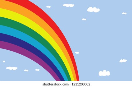 Rainbow in the light blue sky. Many cloudy weather in summer time, flat design. LGBT sign symbol