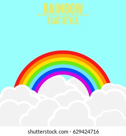 Rainbow with light clouds in the blue sky. Empty place for your projects. Vector illustration in a flat style. Children's wallpaper. EPS 8