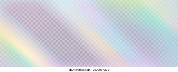 Efecto de luz de arco iris con refracción de prisma, Ilustración vectorial de llamarada espectral. Efecto de superposición sobre fondo transparente