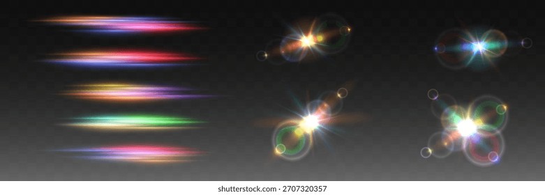 Bengalas de luz de arco iris y efectos de lentes de alta velocidad. Vector EPS 10.