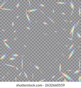 Bengalas de luz de arco iris sobre fondo transparente. Filtraciones de luz de prisma brillantes dispersas al azar. Parpadea la lente de la cámara. Rayos holográficos. Ilustración vectorial Abstractas.