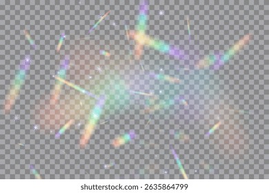 Bengalas de luz de arco iris sobre fondo transparente. Filtraciones de luz de prisma brillantes dispersas al azar. Parpadea la lente de la cámara. Rayos holográficos. Ilustración vectorial Abstractas.