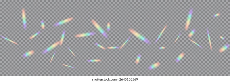 Bengalas de luz de arco iris sobre fondo transparente. Filtraciones de luz de prisma brillantes dispersas al azar. Parpadea la lente de la cámara. Rayos holográficos. Ilustración vectorial Abstractas.