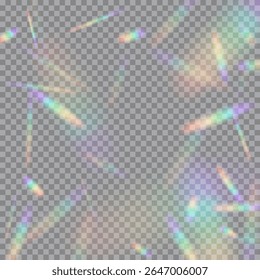 Bengalas de luz de arco iris sobre fondo transparente. Filtraciones de luz de prisma brillantes dispersas al azar. Parpadea la lente de la cámara. Rayos holográficos. Ilustración vectorial Abstractas.