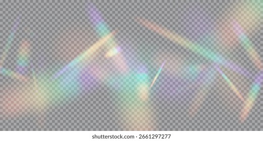 A luz do arco-íris brilha sobre o fundo transparente. Vazamentos de luz de prisma brilhante espalhados aleatoriamente. Cintilações da lente da câmera. Raios holográficos. Ilustração vetorial abstrata.