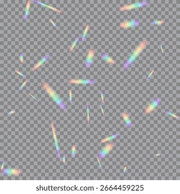 Regenbogen helle Fackeln auf transparentem Hintergrund. Leuchten Prismenlicht undicht gestreut zufällig. Kameraobjektiv flackert. Holografische Strahlen. Abstrakte Vektorgrafik.