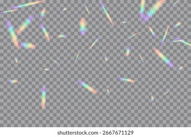 Rainbow light flares on transparent background. Glowing prism light leaks scattered randomly. Camera lens flickers. Holographic rays. Abstract vector illustration.
