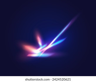Rainbow light flash realistic vector illustration. Semi-circle glowing sparks overlay 3d element on black background. Physics science template