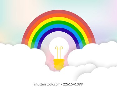 Rainbow and Light of idea with soft white Clouds, with space for text, kids and family love concept banner design, Vector Illustration